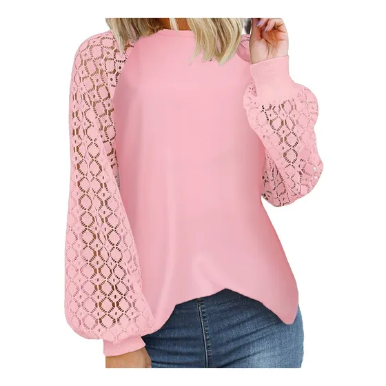 Blusa Manga Larga Para Dama Casual Holgada Encaje Cuello