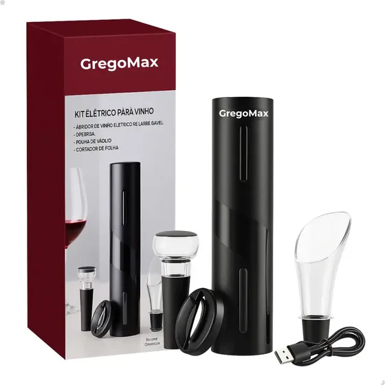 Kit Abridor De Vinhos Elétrico Automático Usb Recarregável Saca Rolhas Corta Lacres Vinho Preto Zupk