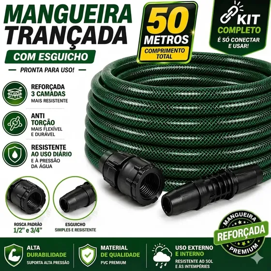 Mangueira Jardim 50m Anti-torção Verde PVC CaeHome com Esguicho