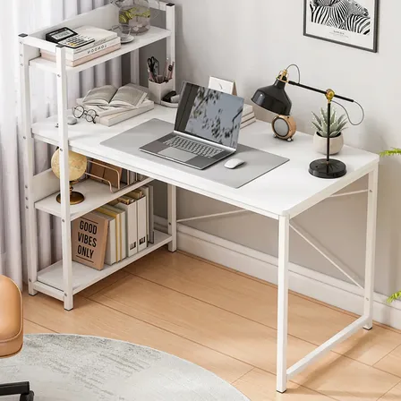 Mesa Escrivaninha Industrial Laminado Com Branco 4 Prateleiras, Mesa Escrivaninha Para Estudo E Home Office