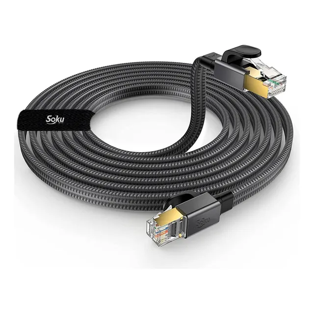 Soku Cable Red Plano Categoría 8 Cat8 Rj45 Ethernet Uso Rudo 100% Cobre Negro