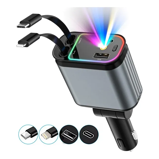 Cargador Coche 4 En 1 120w Carga Rápida Retráctil Luz Rgb