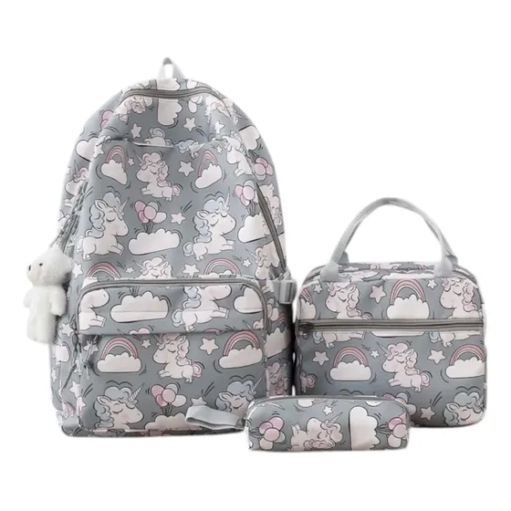 Mochila De 3 Piezas, Impermeable, Kawaii, Unicornio, Gris