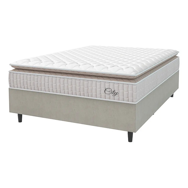Cama Box Colchão Casal Molas Ensacadas City Pillow Top 138x188x61cm Branco E Bege Hellen B... Cama Box Colchão Casal Molas Ensacadas City Pillow Top 138x188x61cm Branco E Bege Hellen B...
