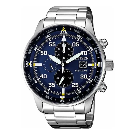 Reloj pulsera Citizen CA0690-88L con correa de acero inoxidable color plateado - fondo azul