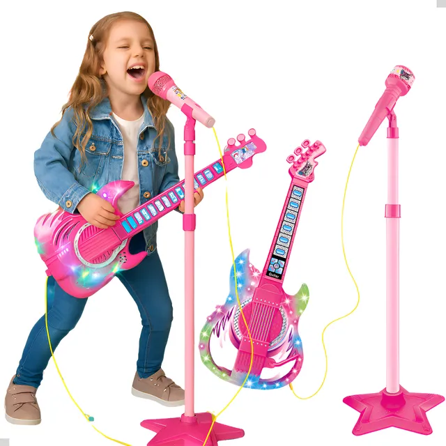 Guitarra Com Microfone Pedestal Som Luzes Sai Voz Conecta Mp3 Celular Cabo P2 Guitarrinha Brinquedo Meninas Presente Organiser
