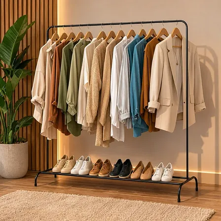 Organizador De Roupas Home De Chão Grande Metal Desmontável Arara Com Sapateira Preto