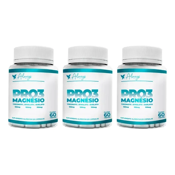 Kit 3 x 60 Cápsulas Suplemento Always Fit Pro3 Magnesio Quelato e Dimalato sem sabor de 43.54g