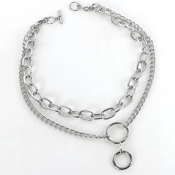 Colar Choker De Correntes Média E Grossa Argolas Rock Punk Cor Prateado