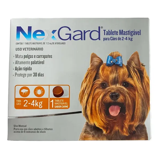 NexGard Antipulgas E Carrapatos Para Cães de 2kg a 4kg 1 Tablete Mastigável Proteção de 30 Dias
