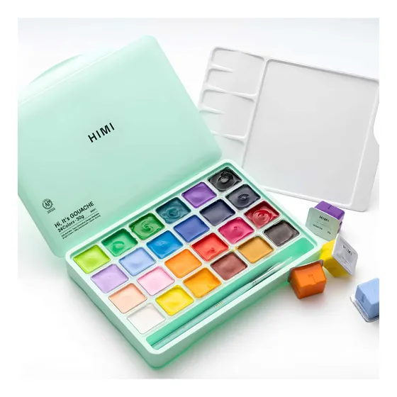 Set 24 Gouache Himi Potes 30 G Estuche Verde Y 3 Pinceles 