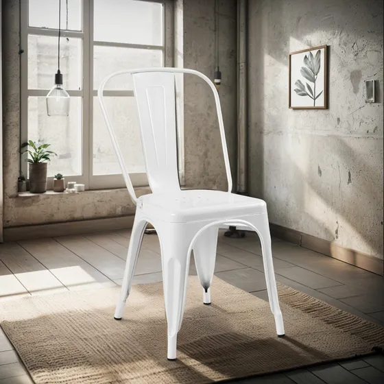 Set 4 Piezas Tolix De Metal Para Comedor Apilables Industria Estructura de la silla Blanco