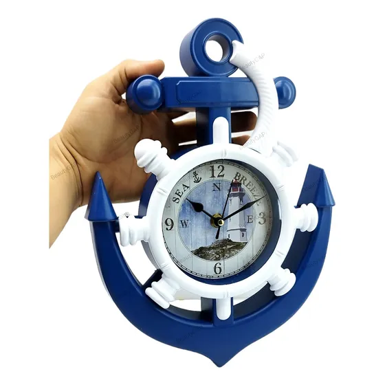 Relógio De Parede Análogico Ancora Navio Barco Azul 33cm