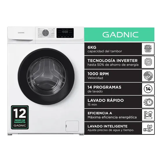 Lavarropas Automático Gadnic Blanco 6 Kg Tecnología Inverter 1000 RPM Carga Frontal 14 Programas Lavado Rápido 15 Min
