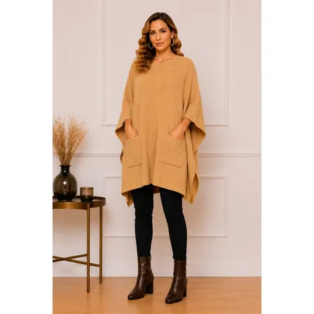 Poncho Feminino Trico Mousse Inverno Elegante Premium Macio Capuccino G