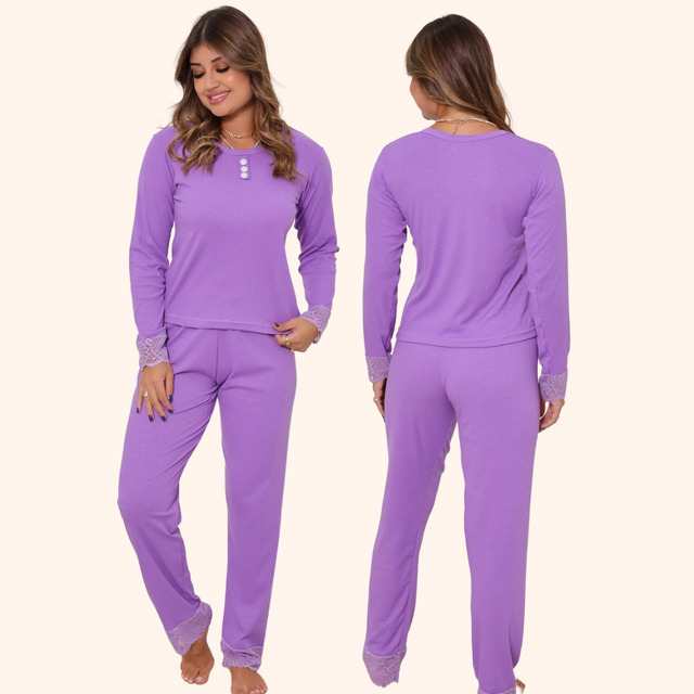 Pijama Longo De Frio De Inverno Feminino Canelado Pijama Longo De Frio De Inverno Feminino Canelado