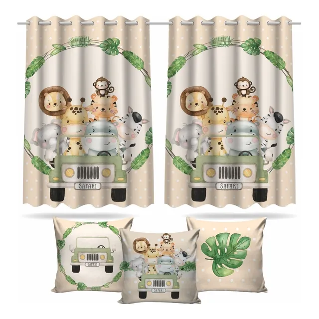 Cortina Estampada Safari Baby + 3 Capa De Almofada