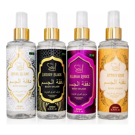 Kit Com 4 Body Splash Arabe Deocolonia Perfume Desodorante Corporal Soul Allibah Rouge Luxury Black Attaff Rose Royal Blanc 200ml