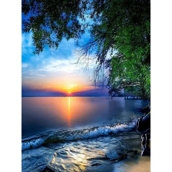 Pintura Diamante 5d Diseño Ola Lago Costera Puesta Sol Arbol