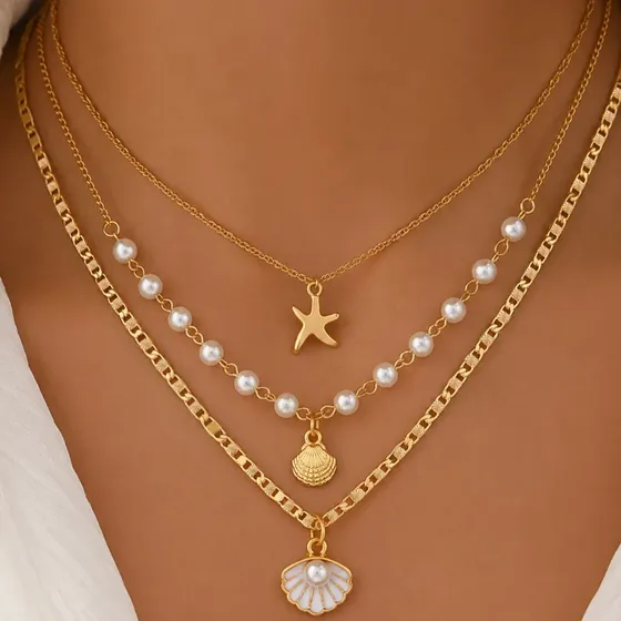 Colar Camadas Corrente Com Pérolas Pingente Concha Estrela Do Mar Feminino Dourado — foto 2