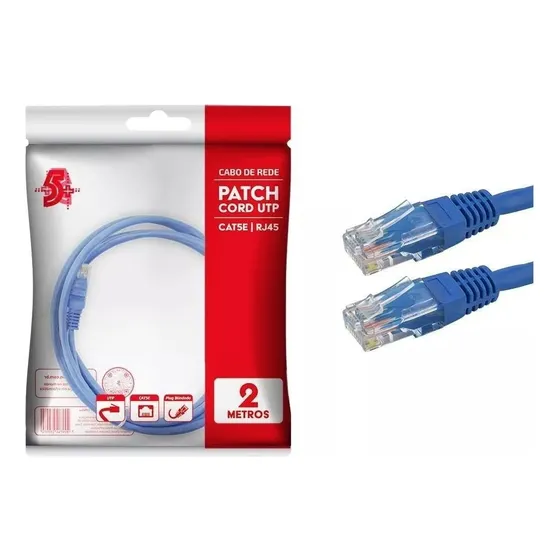5+ 018-1070  Par trançado UTP Cabo De Rede Patch Cord Cobre Cat5e 2m Azul
