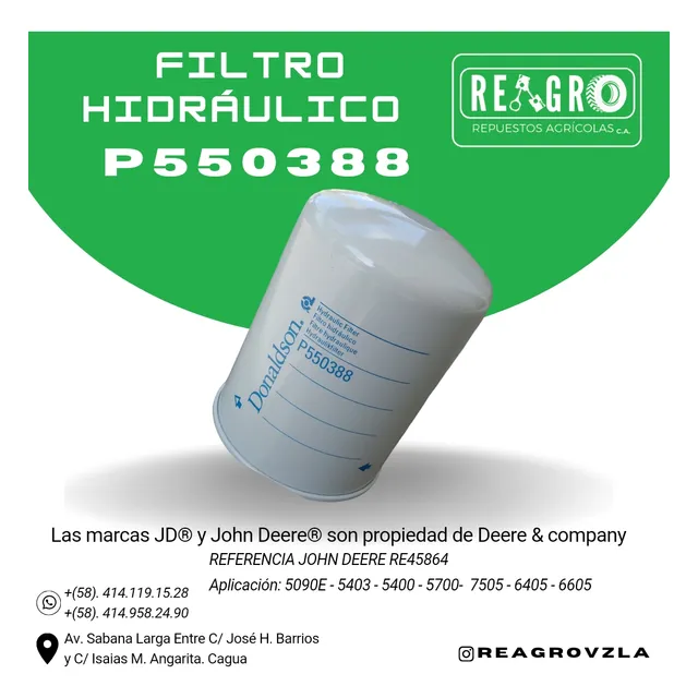 Filtro De Aceite Hidráulico Re45864 = P550388 John Deere 