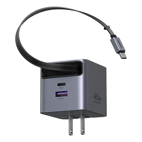 Cargador Ugreen 45w Gan Con Cable Retráctil Gris X614 65821