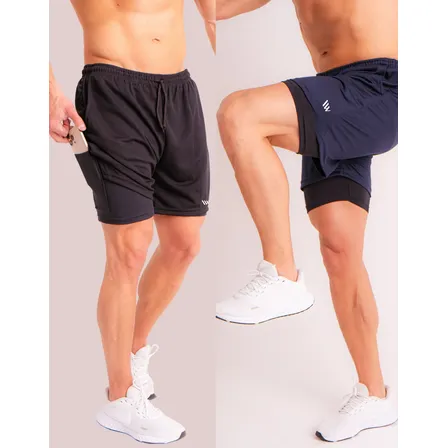 Kit 2 Bermuda 2 Em 1 Academia Short Com Bolso Duplo Corrida