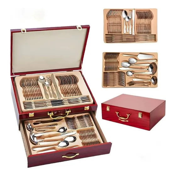 Faqueiro Inox 84 Peças Banhando A Ouro 24k