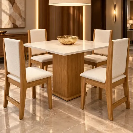 Mesa de Jantar com 4 Cadeiras Luana Conjunto Sala de Jantar 4 Lugares Mesa para Cozinha Copa Apartamento Jogo de Mesa com Cadeiras Mel Off White Savana Conjunto de Jantar Design Moderno para Refeições