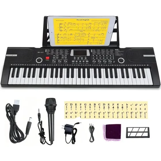 Vidaverde Teclado Standard Piano Musical Digital Profesional Eléctrico Bd612 De 61 Teclas Para Niños Y Adultos Con Altavoces Cable Adaptador Micrófono Atril Para Partituras Negro