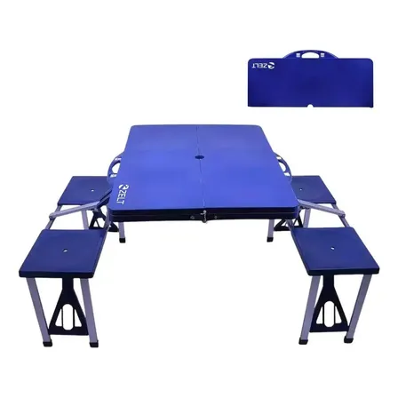 Mesa Dobrável Camping Portátil Azul Zelt Com 4 Banquetas Tipo Maleta