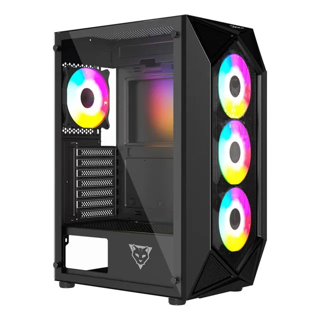Gabinete Gamer Ocelot ATX Panel Frontal y Lateral Cristal Templado Filtro Polvo Magnético Espacio Ventiladores de 120mm Soporta GPU Hasta 295 Diseño Geométrico Color Negro Modelo POLYGON-E5
