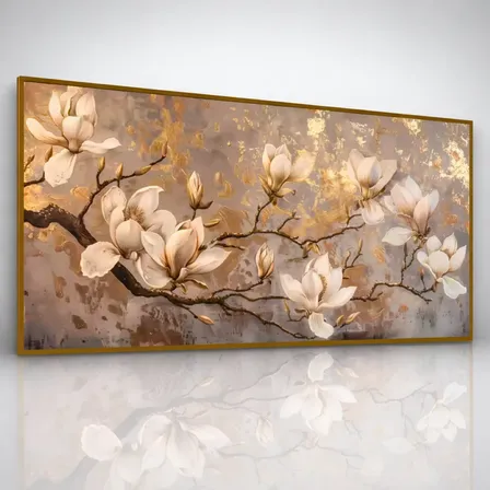 Quadro Decorativo Flor Galhos Dourada Moderna Sala Hd 112x80 Marrom