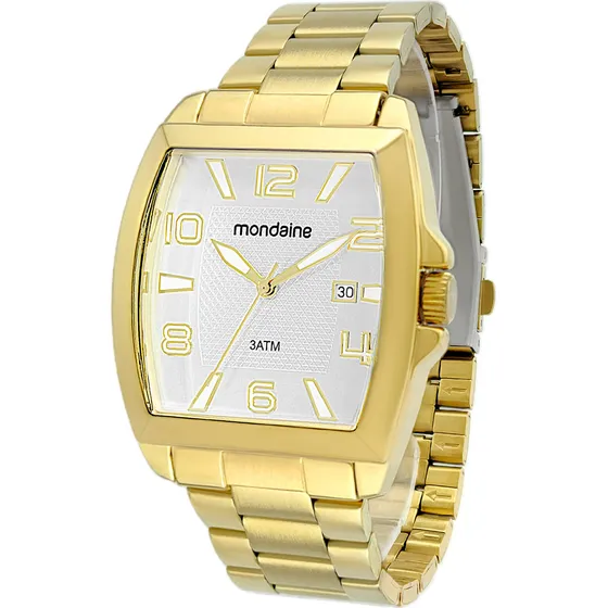 Relógio Masculino Mondaine Dourado Casual Quadrado Original Cor do fundo Branco