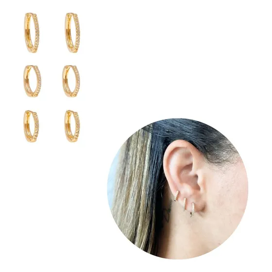 Brincos Trio Argola Cravejado Ouro 18k Dourado Zircônia