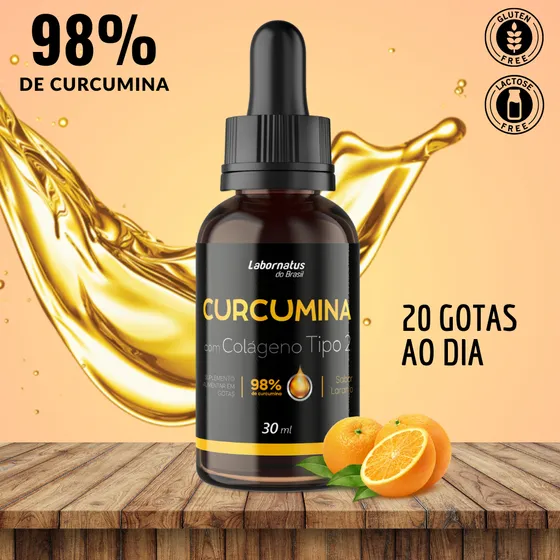 Curcumina 98% Com Colágeno Tipo 2 Premium Gotas 30ml Sabor Laranja