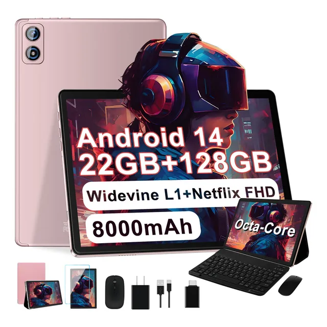 2025 Newest Tablet Android 14 10.1'' 22gb Ram Y 128gb Rom/tf 1tb Economicas 2.4g 5g Wifi 8000mah Octa-core 2.0 Ghz Widevine L1 Fhd Bt5.0 Certificación Google Widevine L1 Mouse Teclado Oro