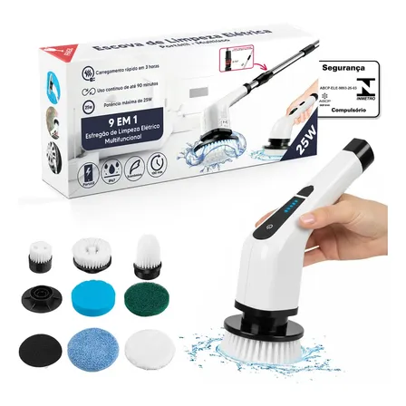 Esfregão Rotatório Elétrico 9 Em 1 Escova Recarregável Multiuso Para Limpeza Rápida E Eficiente