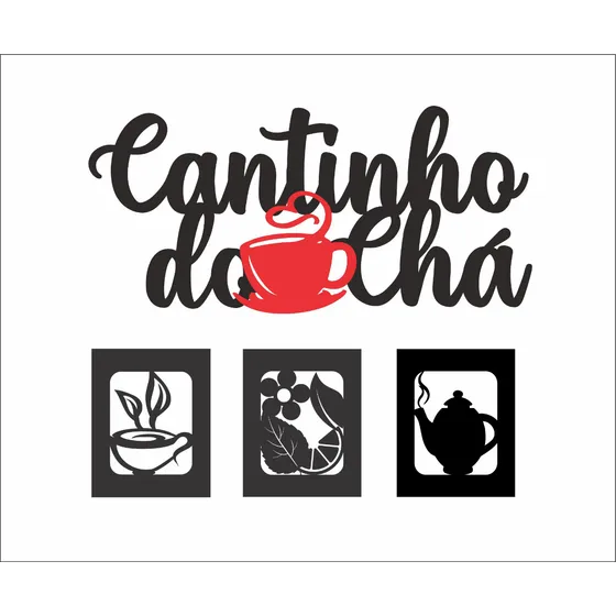 Aplique Cantinho Do Chá Mdf Preto/vermelho Alto Relevo 4 Pç