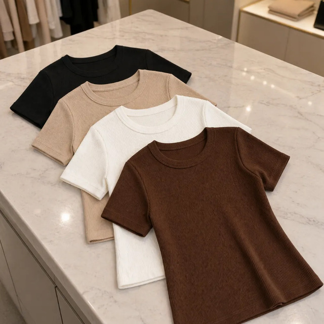 Conjunto de quatro blusas femininas em ribana canelada nas cores preta, bege, branca e marrom dispostas sobre uma superfície de mármore