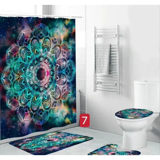 Cortina Baño Juego 4 Piezas Set Alfombras Ducha Inodoro