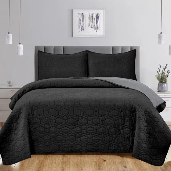 Cubrecama Cover Quilt Microfibra Bicolor Reversible Con Fundas Negro - Gris King Size - Pret