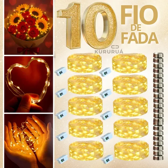 Kit 10 Fio De Fada Cordão De Led 2 Metro E 20 Leds Cada Luz Amarelo Pisca Pisca Natal Pilhas Inclusa Decoração Marca Kururuá
