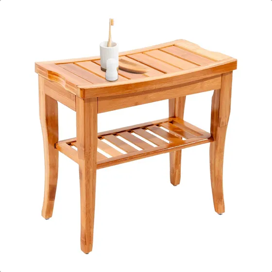 Banco Con Estante Para Baño De Bambú Madera Resistente Deco Color Marrón Claro