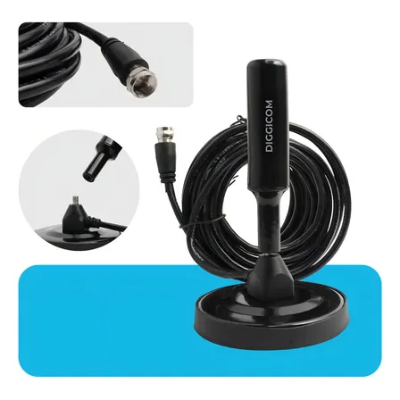 Antena Digital Uhf E Vhf Diggicom Com Cabo De 5 Metros E Base Magnética