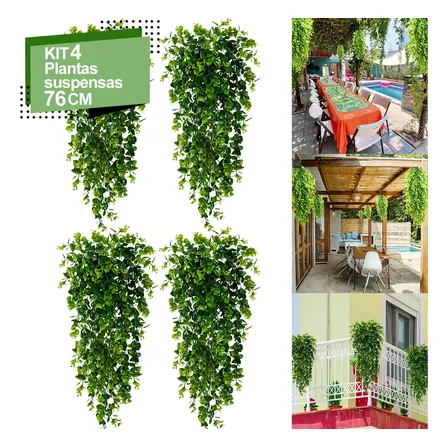 Kit 4 Pendentes Eucalipto Jardim Vertical Folhagem Realista Verde
