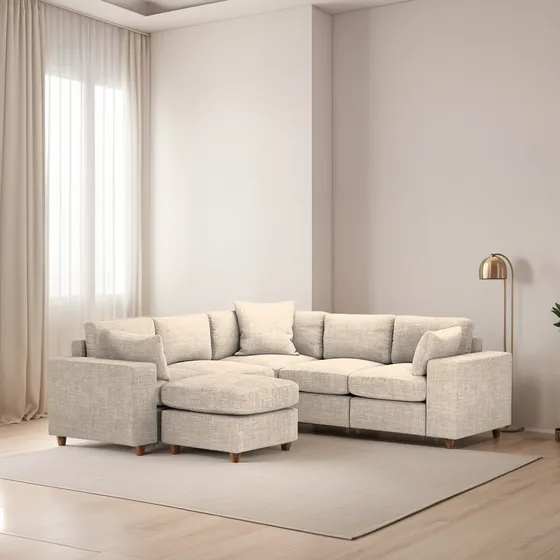 Sala Seccional Modular De 5 Plazas + Otomano + Pillow Pack Beige Liso