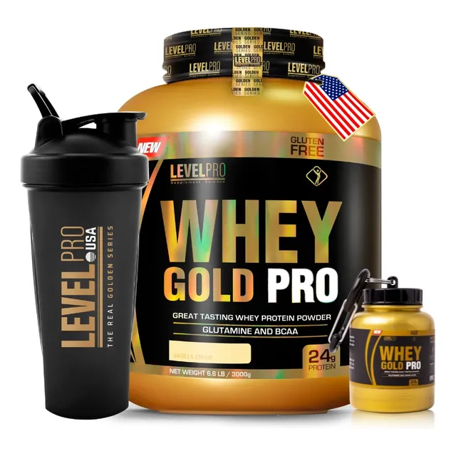 Whey Gold 3kg + Shaker Level Pro + Porta Proteína Level Pro