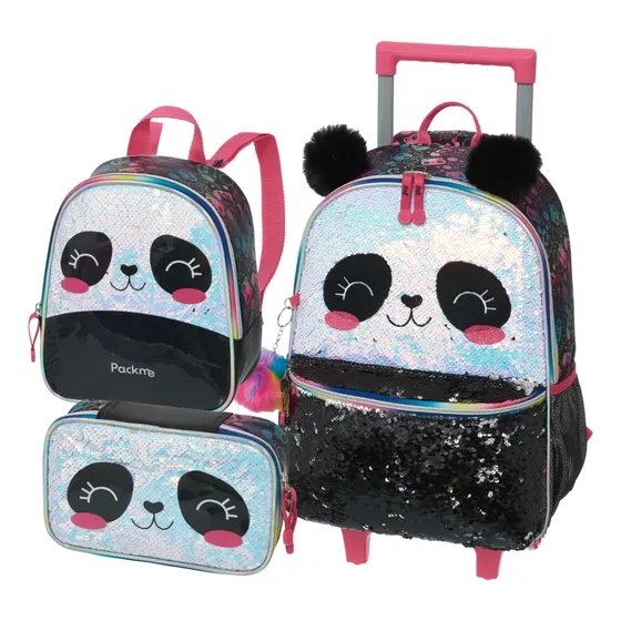 Mochila Carrinho Lancheira Estojo Box Escolar Pack Me Panda